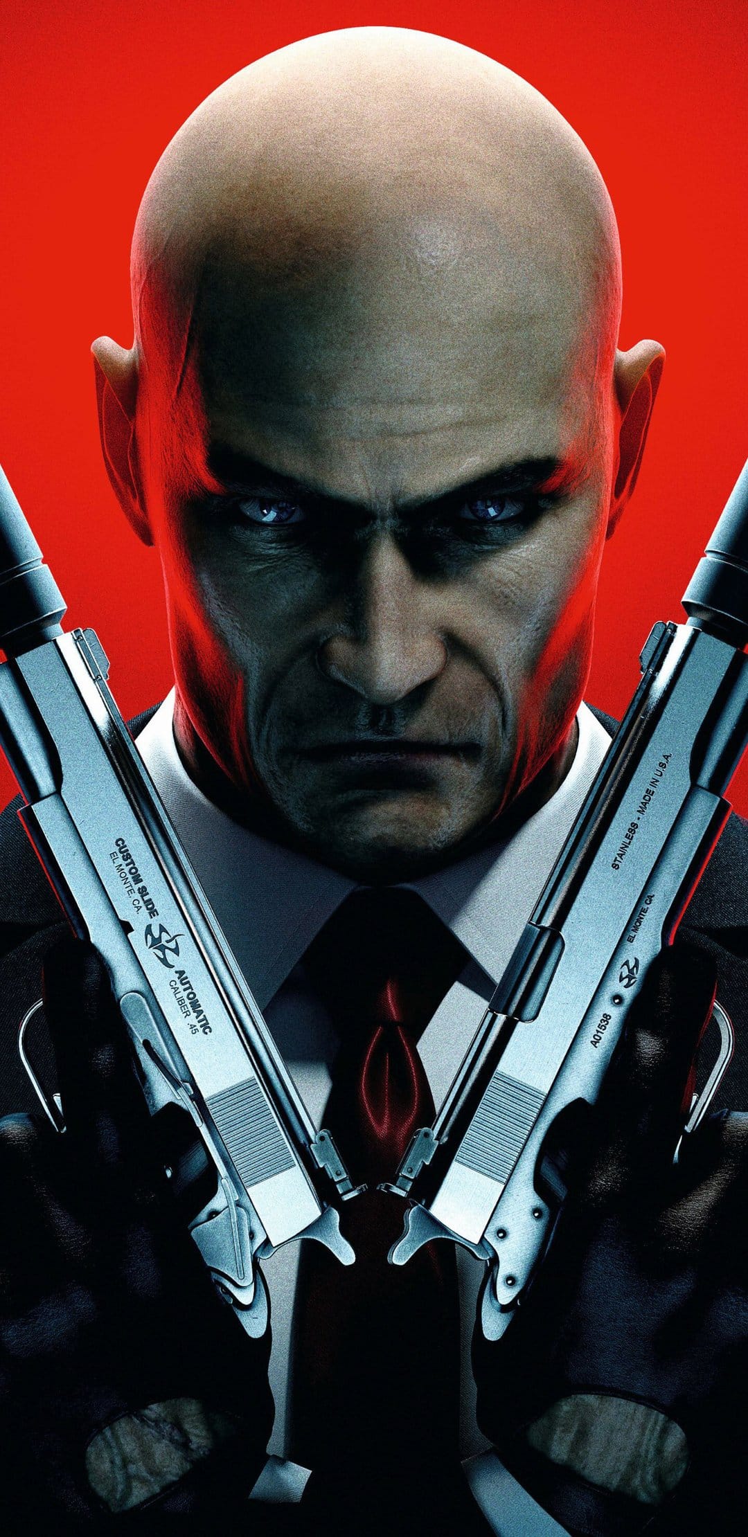 Agent 47 holding two silver suppressed pistols against a red background in a high-contrast vertical portrait.