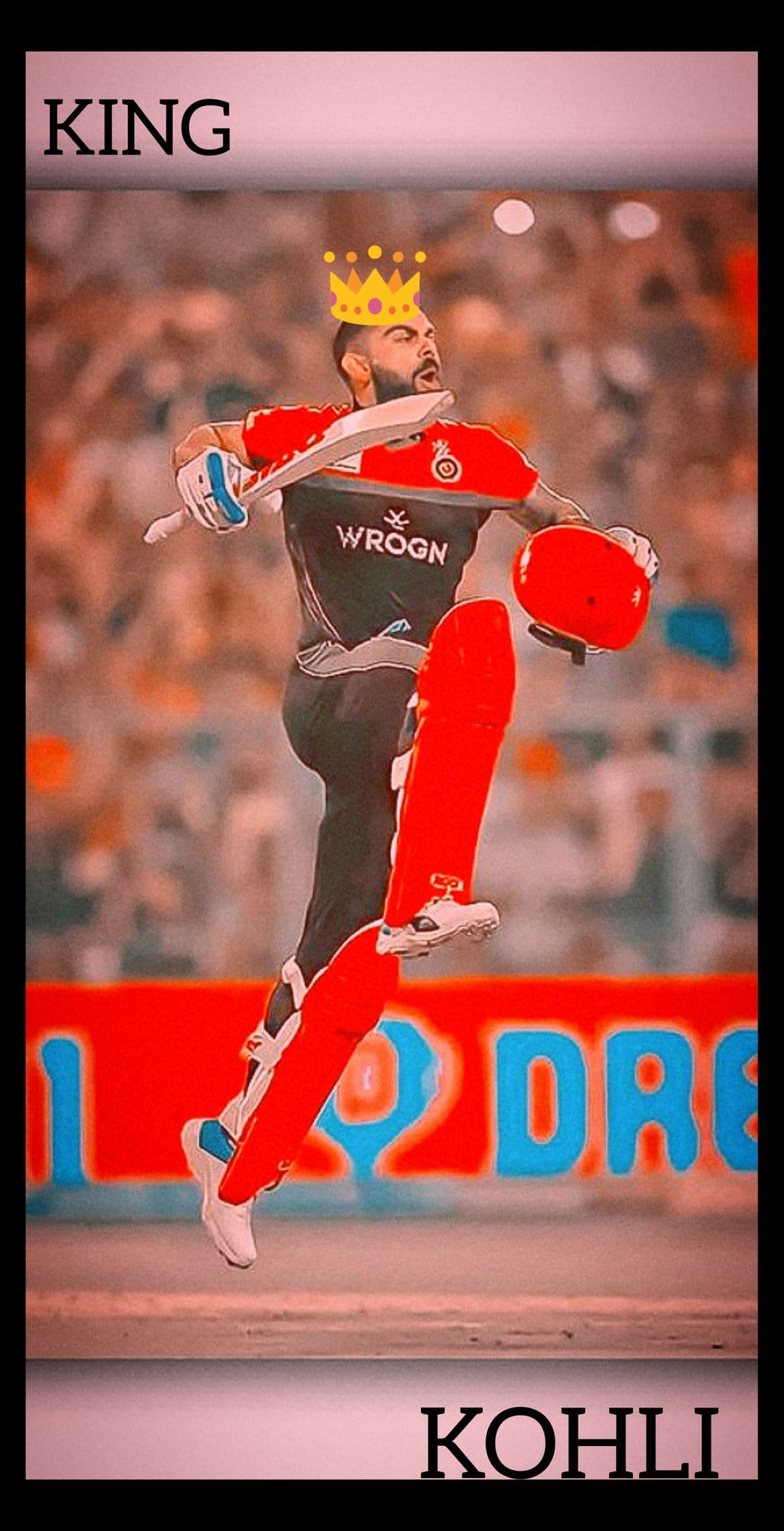Virat Kohli in a red cricket kit wears a gold crown while leaping with a bat against a blurred stadium.