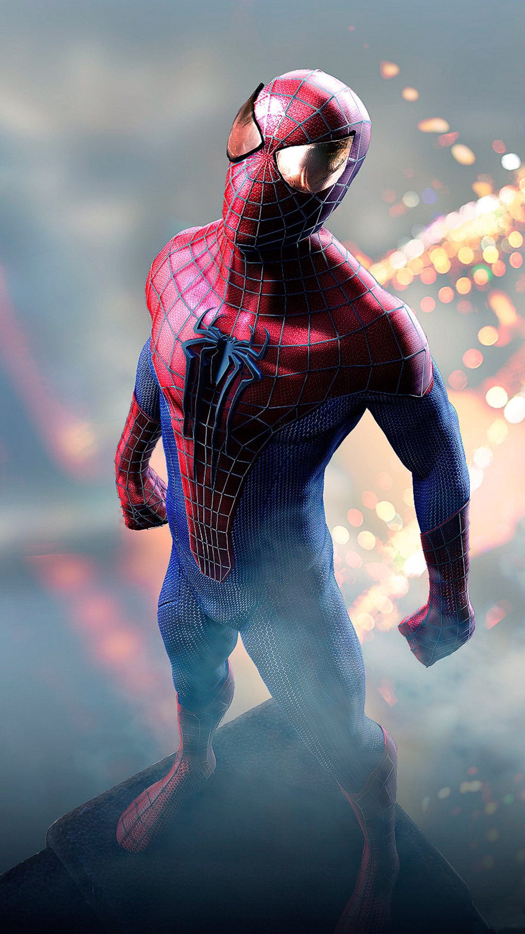 Spider-Man in a red and blue suit perches on a stone ledge against a backdrop of blurred urban city lights at night.