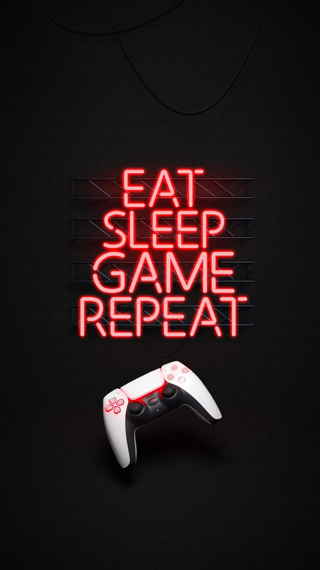 Red neon Eat Sleep Game Repeat text glows above a white and black game controller on a dark background.