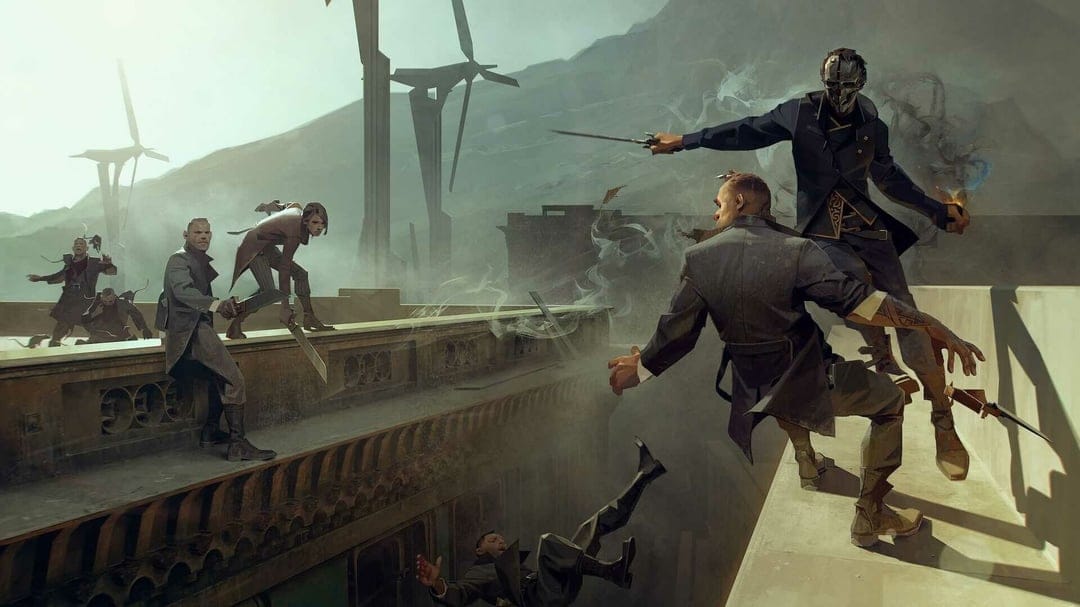 Corvo Attano and Emily Kaldwin fight enemies on a stone rooftop with wind turbines and mountains behind them.