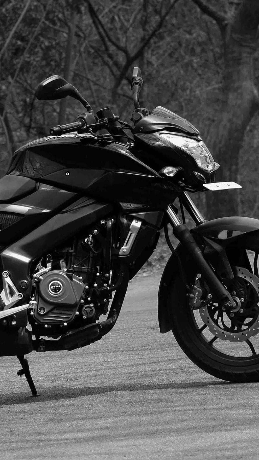 Black sportbike parked on a narrow asphalt road surrounded by a dense forest of bare, leafless trees.