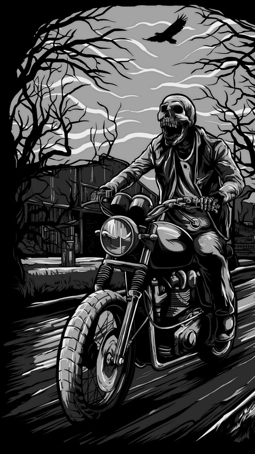 Skeleton in a leather jacket rides a classic motorcycle through a misty forest under a soaring bird of prey.