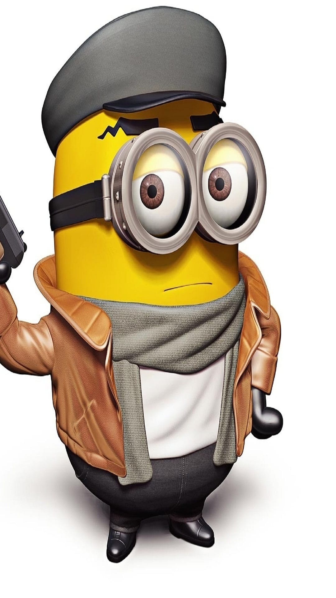 Minion wearing a brown leather jacket and grey cap holds a pistol against a solid white studio background.