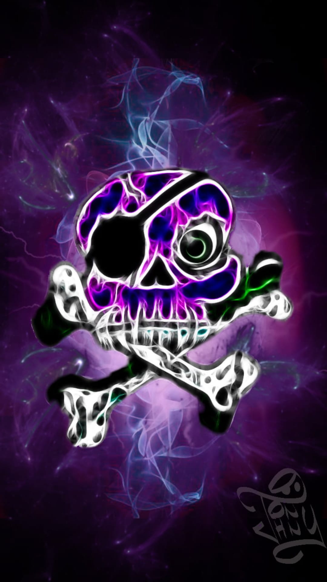 Pirate skull with a black eye patch and glowing purple patterns floats amidst a blue and violet cosmic nebula.
