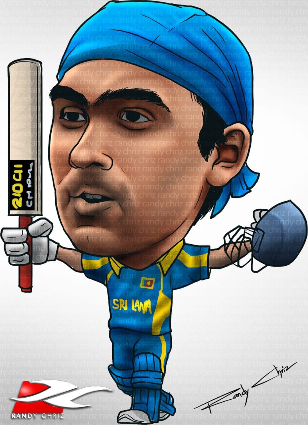 Tillakaratne Dilshan holds a cricket bat and helmet wearing a blue bandana and yellow Sri Lanka team jersey.