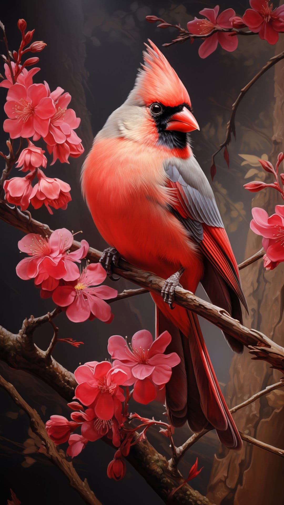 Red Northern Cardinal with a pointed crest perches on a branch of pink cherry blossoms against a dark backdrop.