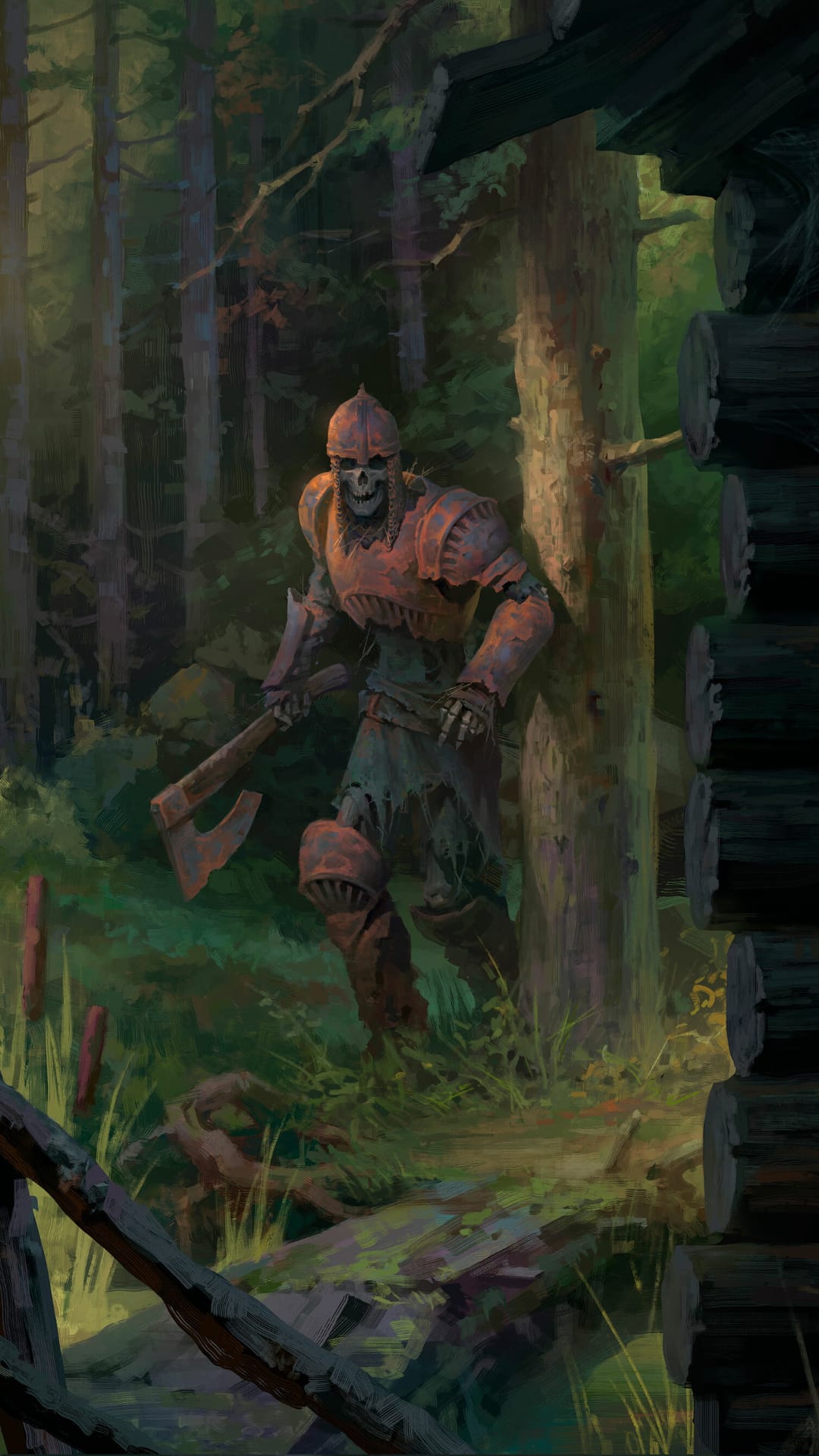 Skeletal warrior in rusted armor holds a large axe beside a derelict wooden cabin in a dense, foggy forest.