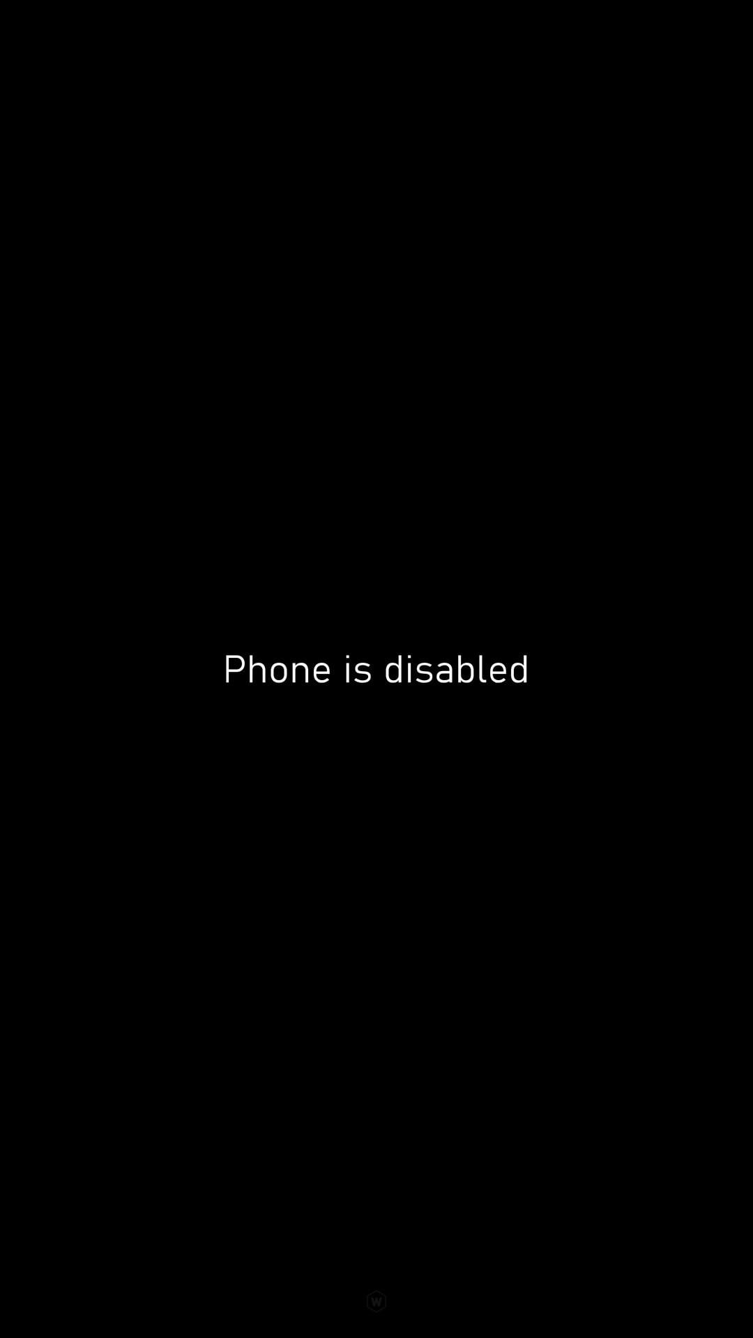 Phone is disabled text in white sans-serif font centered on a solid black vertical smartphone display screen.