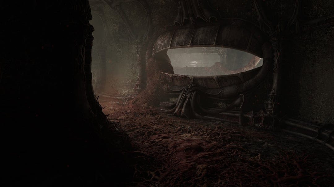 Fleshy biomechanical corridor with red sinewy floor leading to a glowing alien aperture in a dark environment.