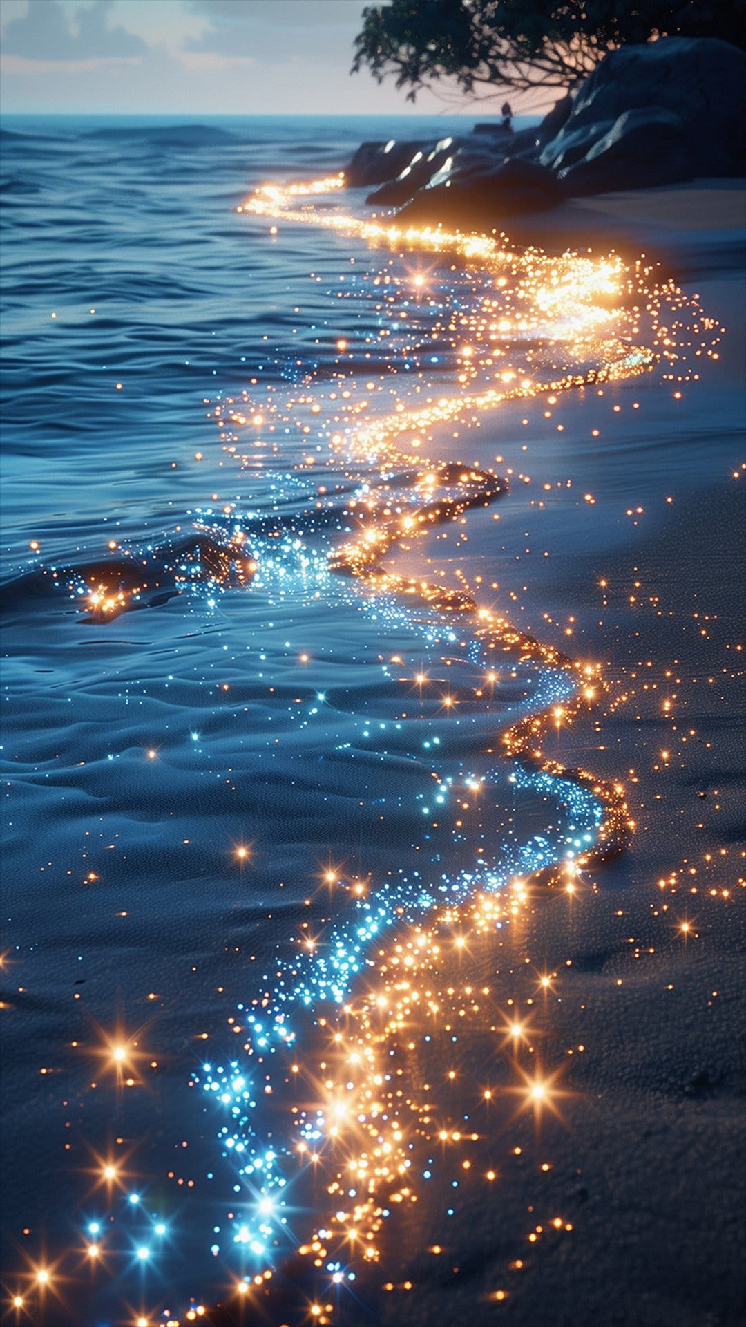 Glowing golden and blue sparkles trail across wet sand as ocean waves gently recede during a coastal twilight.