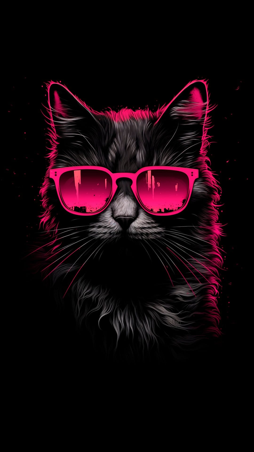 Black cat wearing large neon pink sunglasses reflecting a city skyline against a dark, shadowy background.