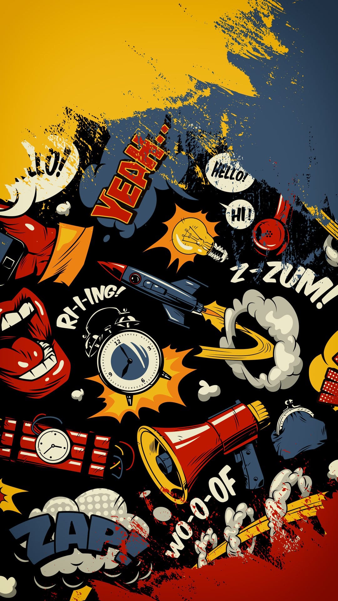 Stylized lips and rockets erupt in a yellow and blue comic book explosion against a dark textured background.