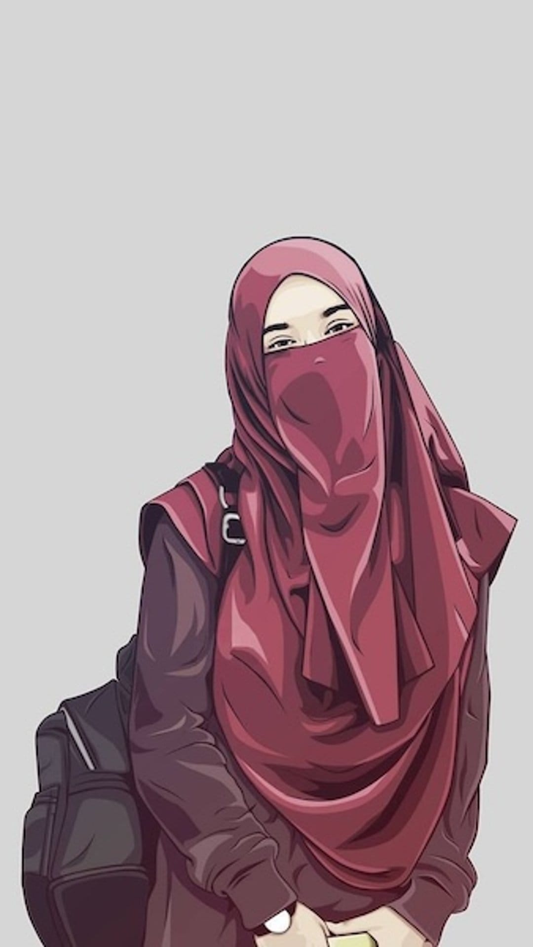 Muslim woman wearing a red hijab and niqab with a black backpack against a plain gray background.