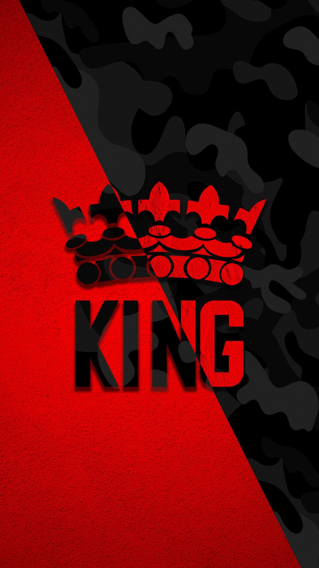 Red crown and king text centered on a split background featuring crimson texture and dark camouflage patterns.