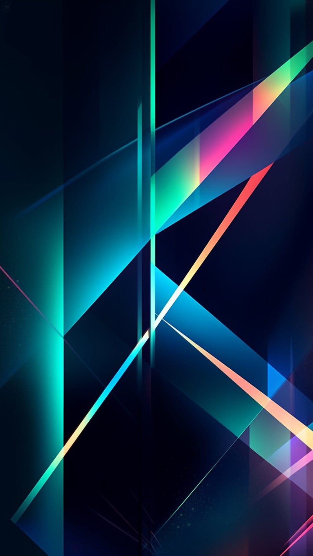 Intersecting neon teal and pink geometric lines glow against a black background with sharp light trails.