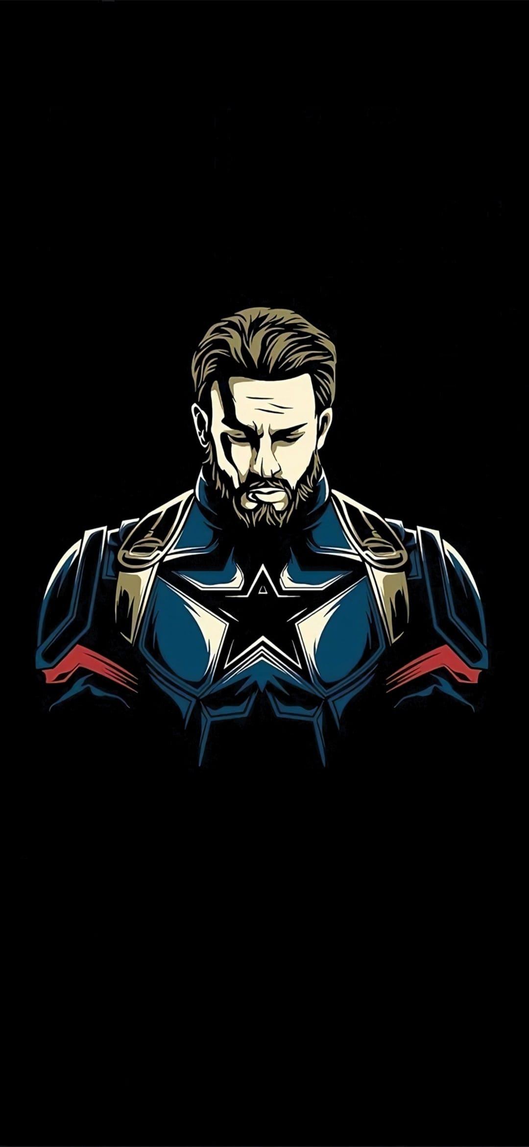 Captain America with a thick beard and tactical star suit stares forward against a solid black background.