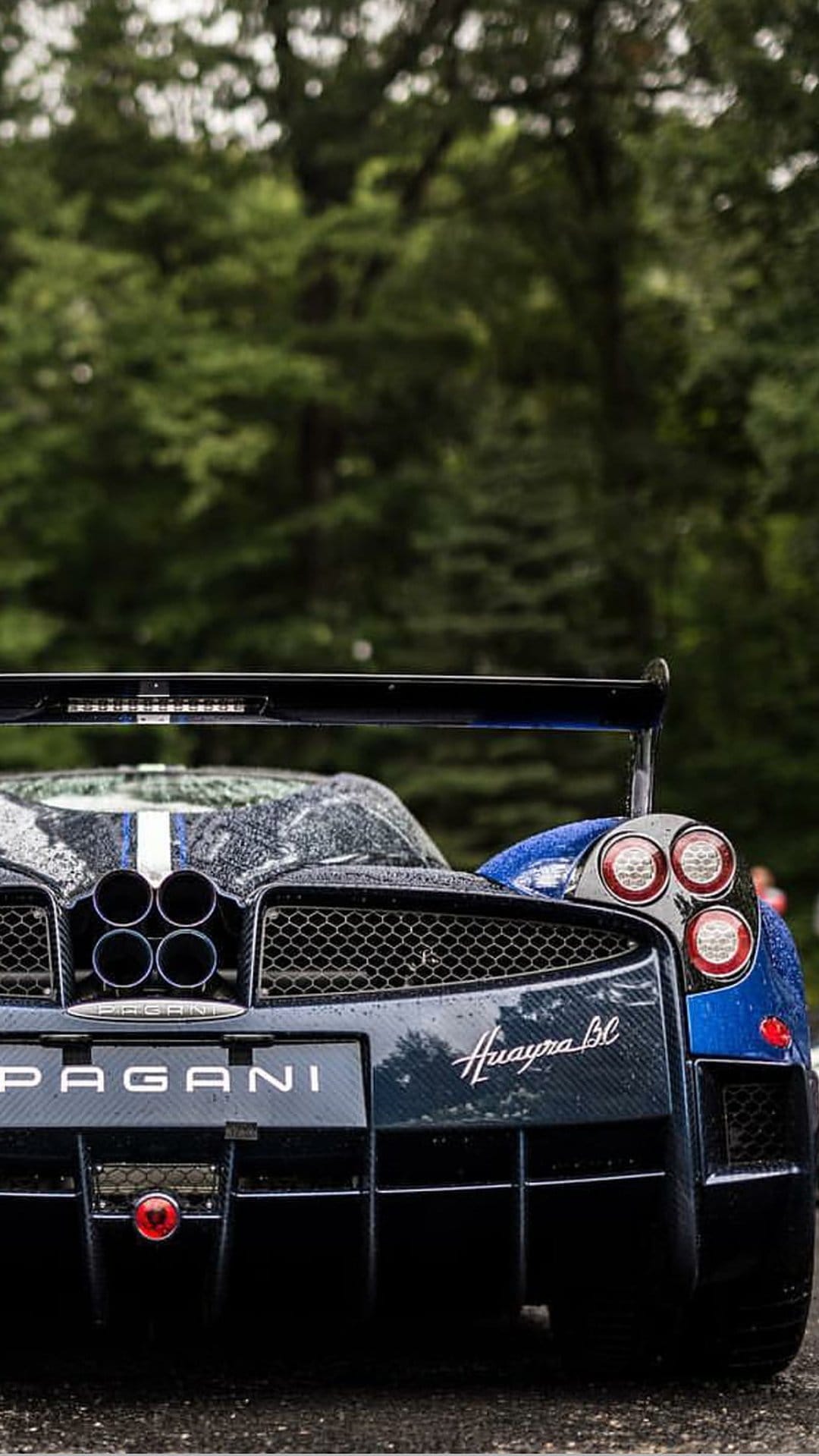 Pagani Huayra BC rear view with raindrops, quad exhaust pipes, and carbon fiber details against green trees.