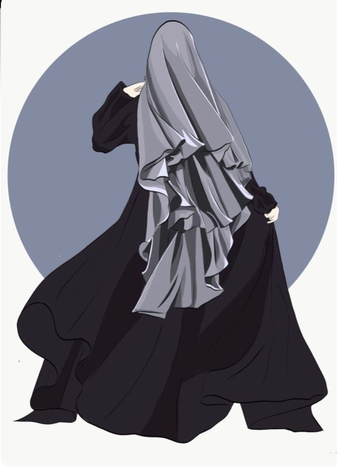 Veiled woman from behind wearing a layered grey hijab and black abaya against a soft blue circular backdrop.