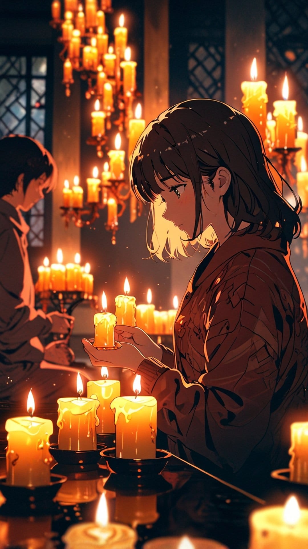 Dark-haired girl holding a lit candle in a dim room filled with many glowing candles and a blurred figure behind