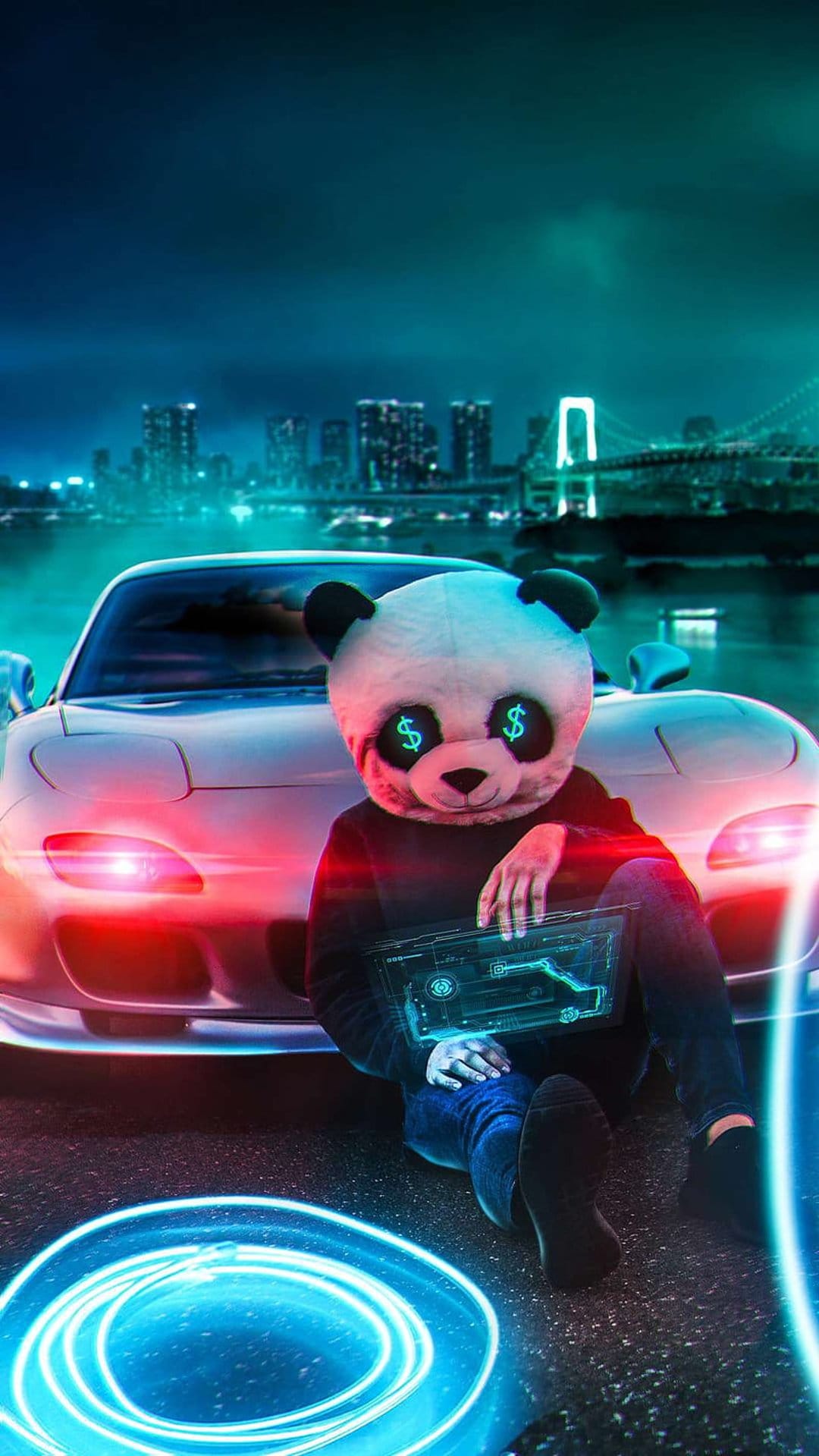Panda-masked figure with dollar sign eyes sits near a sleek sports car amidst a glowing neon city at night.