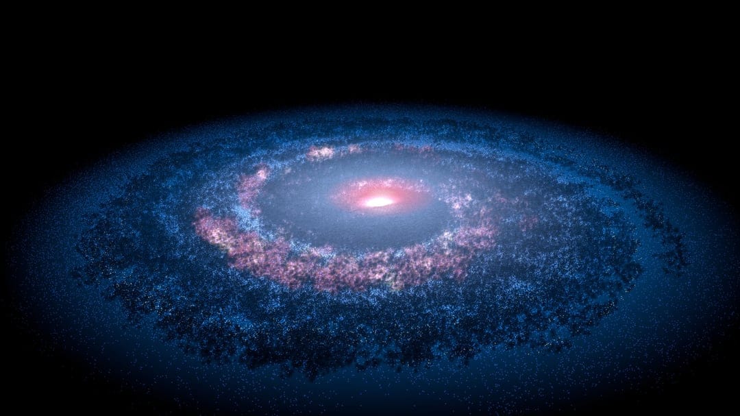 Deep space galaxy showing glowing violet nebulae and white star clusters across a dark cosmic background.