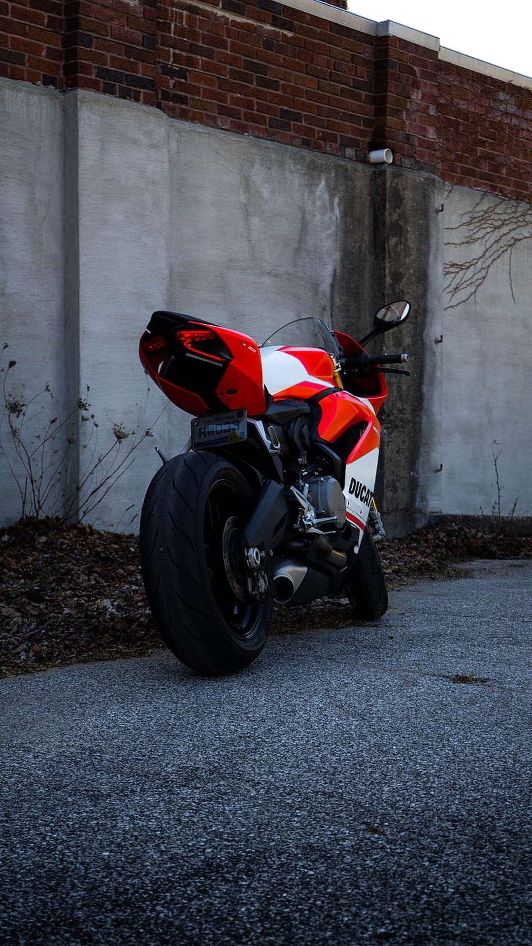 Ducati motorcycle rear view parked on asphalt against a textured concrete wall with a brick upper facade.