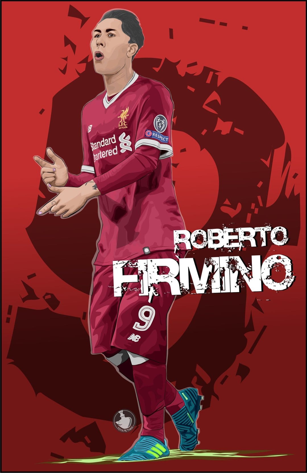 Roberto Firmino in a red Liverpool kit with number 9 against a textured background with bold name typography.