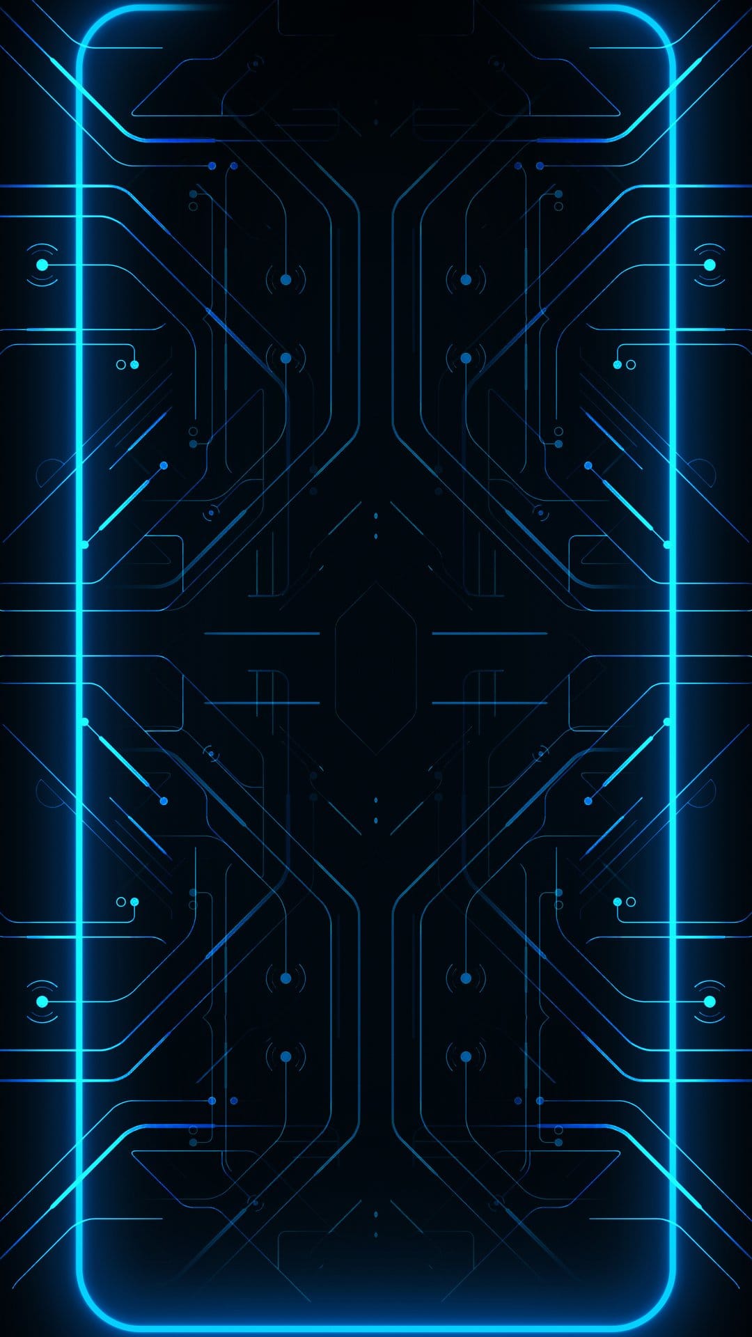 Blue neon circuit traces and luminescent nodes form a complex digital network across a dark phone screen.