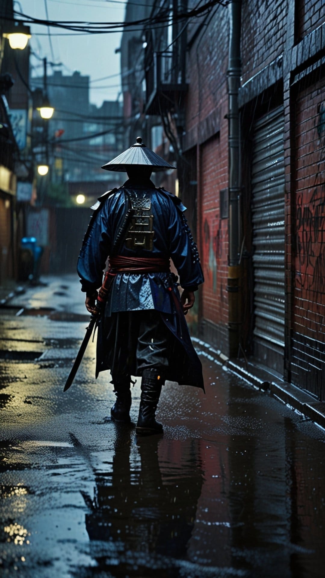 Samurai in a conical hat walks down a rainy alleyway featuring wet reflections and colorful street art on the walls.
