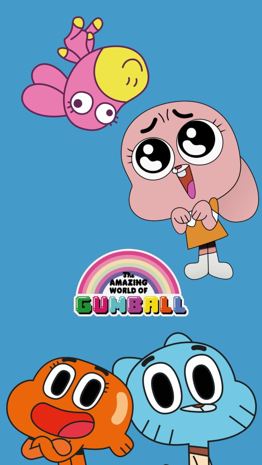 Gumball and Darwin Watterson smile below a rainbow arc and logo on a solid blue background with Anais and Penny.