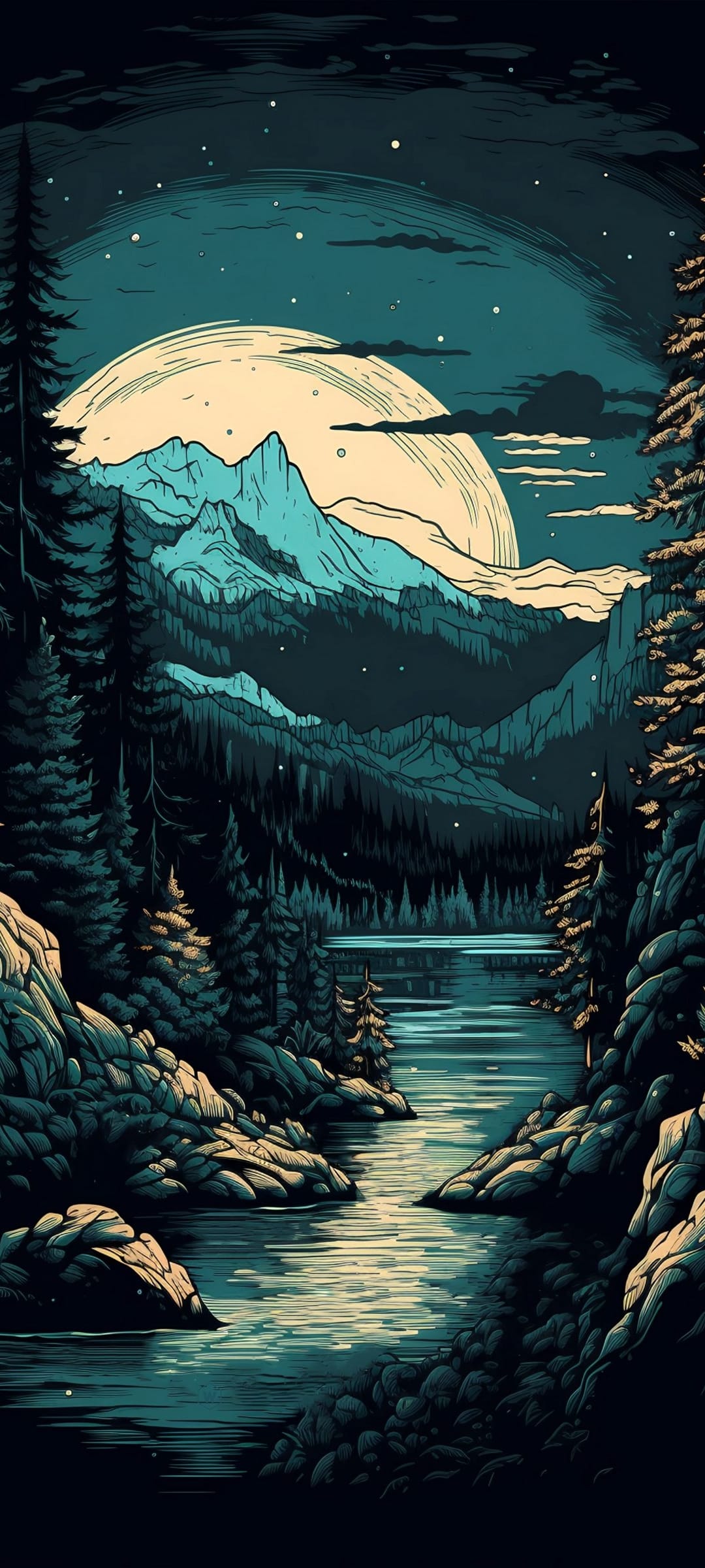 Full moon hangs over sharp mountain peaks and a dark pine forest reflecting in the glass-like lake water.