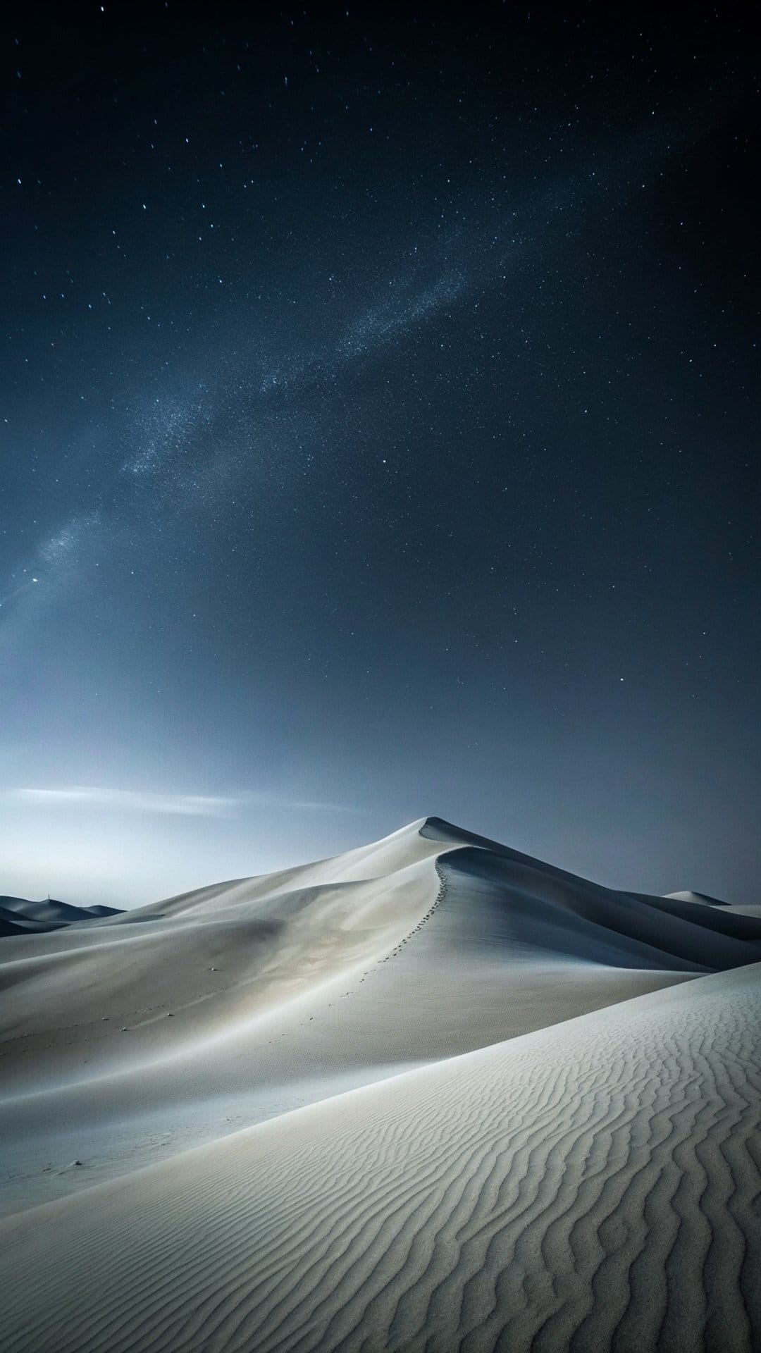 Sand dunes with textured ripples sit beneath a vibrant Milky Way galaxy and a star-filled deep blue night sky.