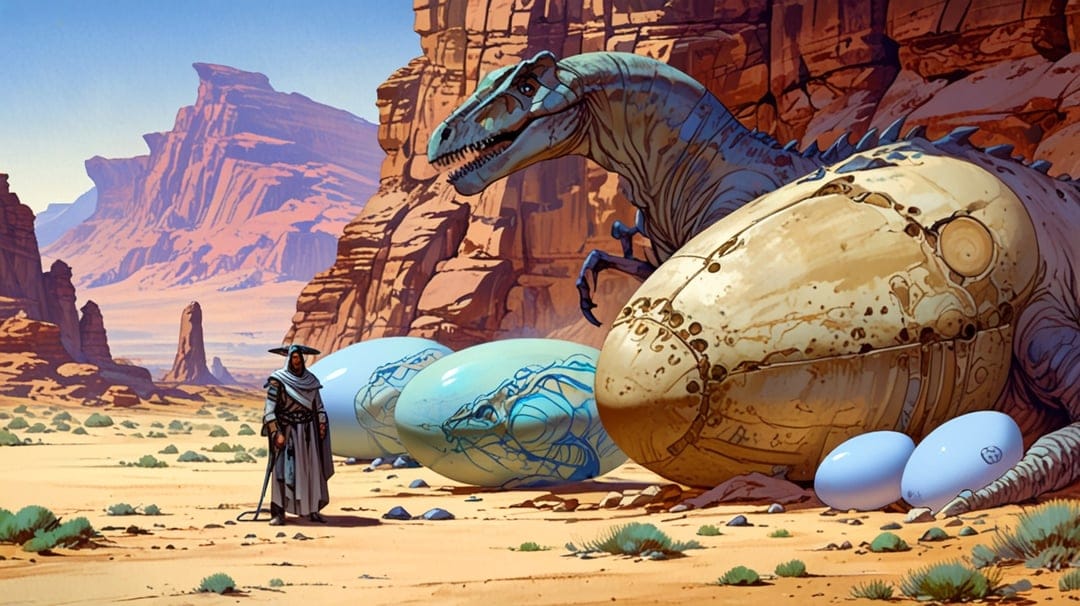 Explorer stands near giant patterned dinosaur eggs in a sandstone canyon as a large dinosaur looms in the distance.