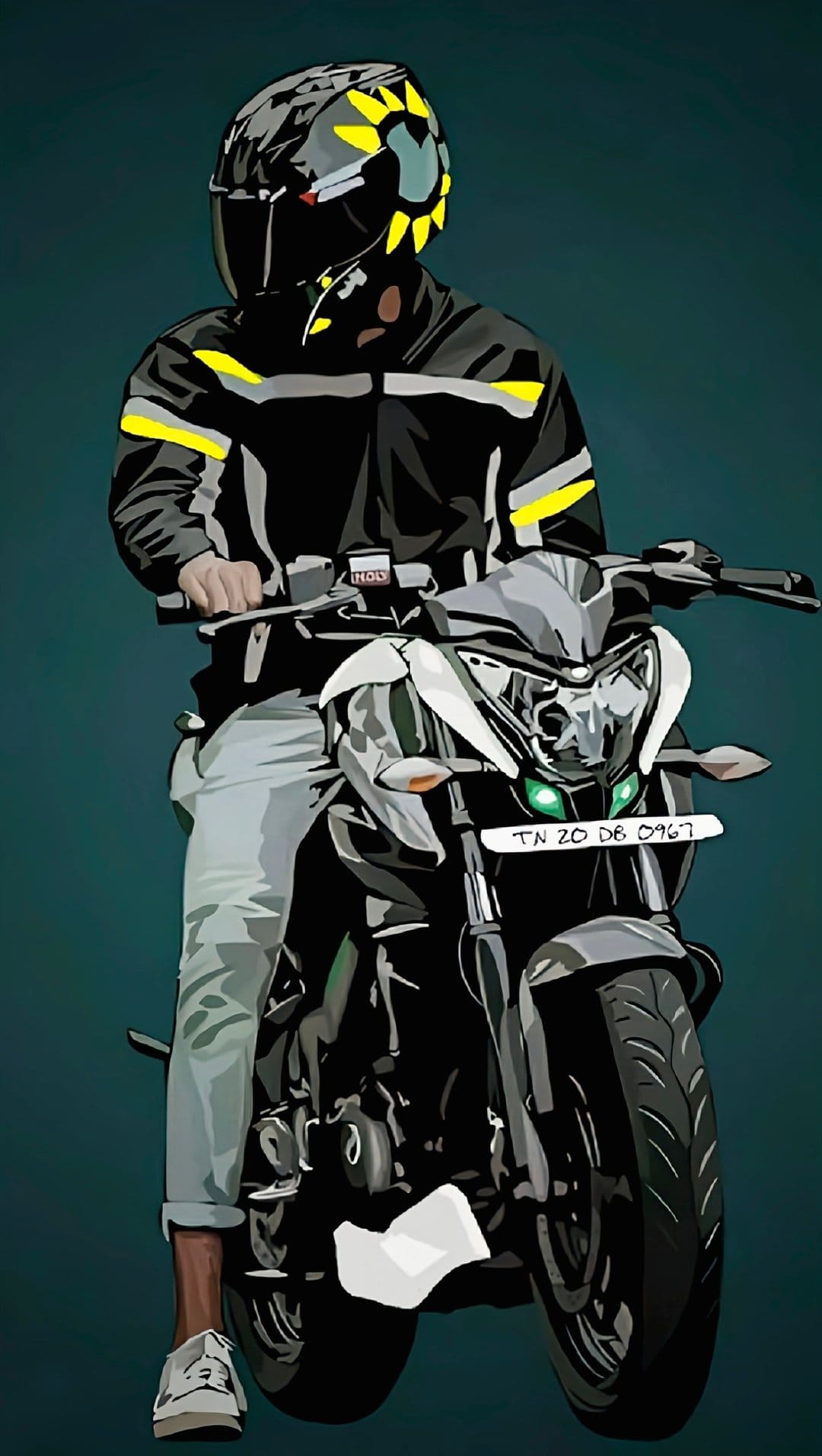 Motorcyclist in a black and yellow helmet sits on a bike with glowing green lights against a teal background.