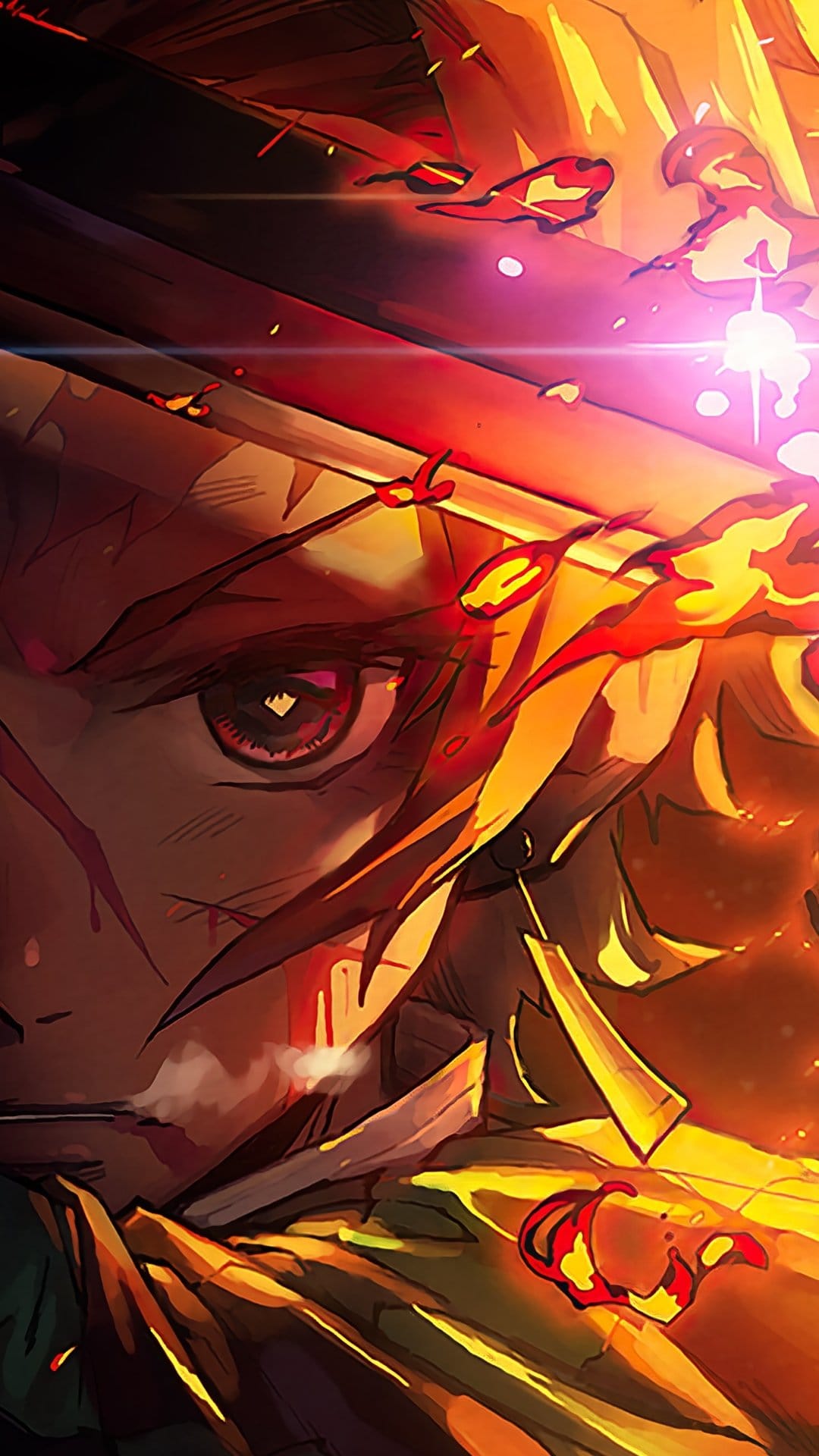 Zenitsu Agatsuma with a wide glowing eye and yellow hair against a background of red and orange flames.
