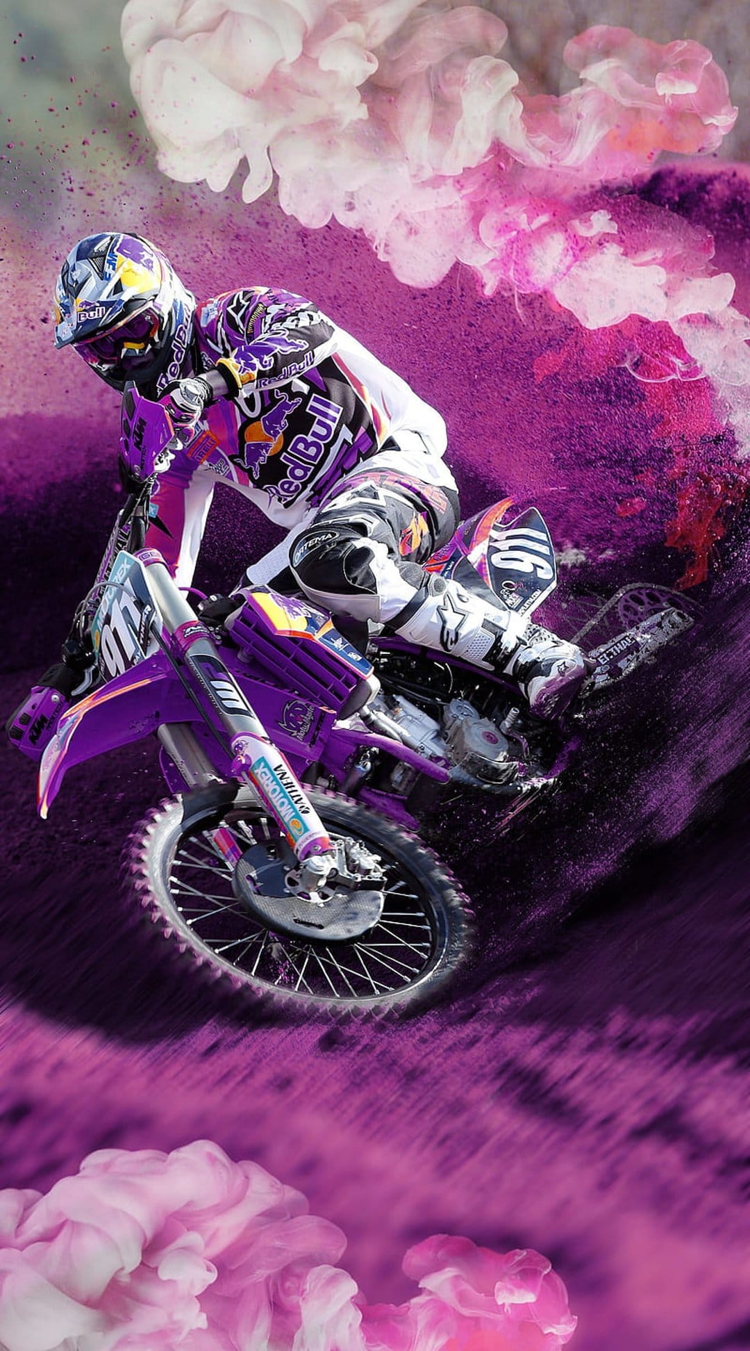 Motocross athlete jumps mid-air amidst a massive explosion of neon pink smoke and swirling purple dust particles.