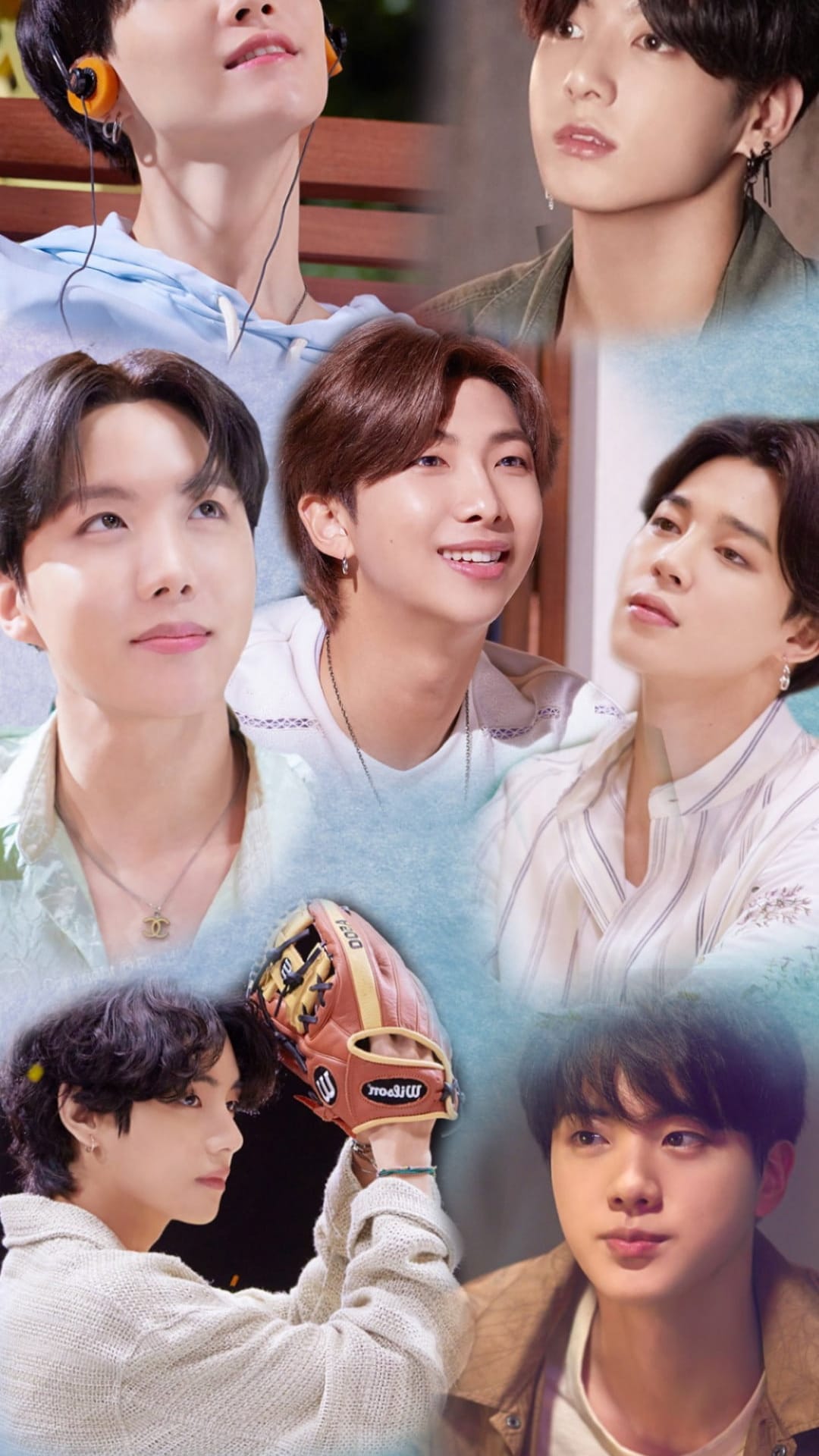 Jin, Suga with headphones, J-Hope, RM, Jimin, V holding a baseball glove, and Jungkook in a portrait montage.