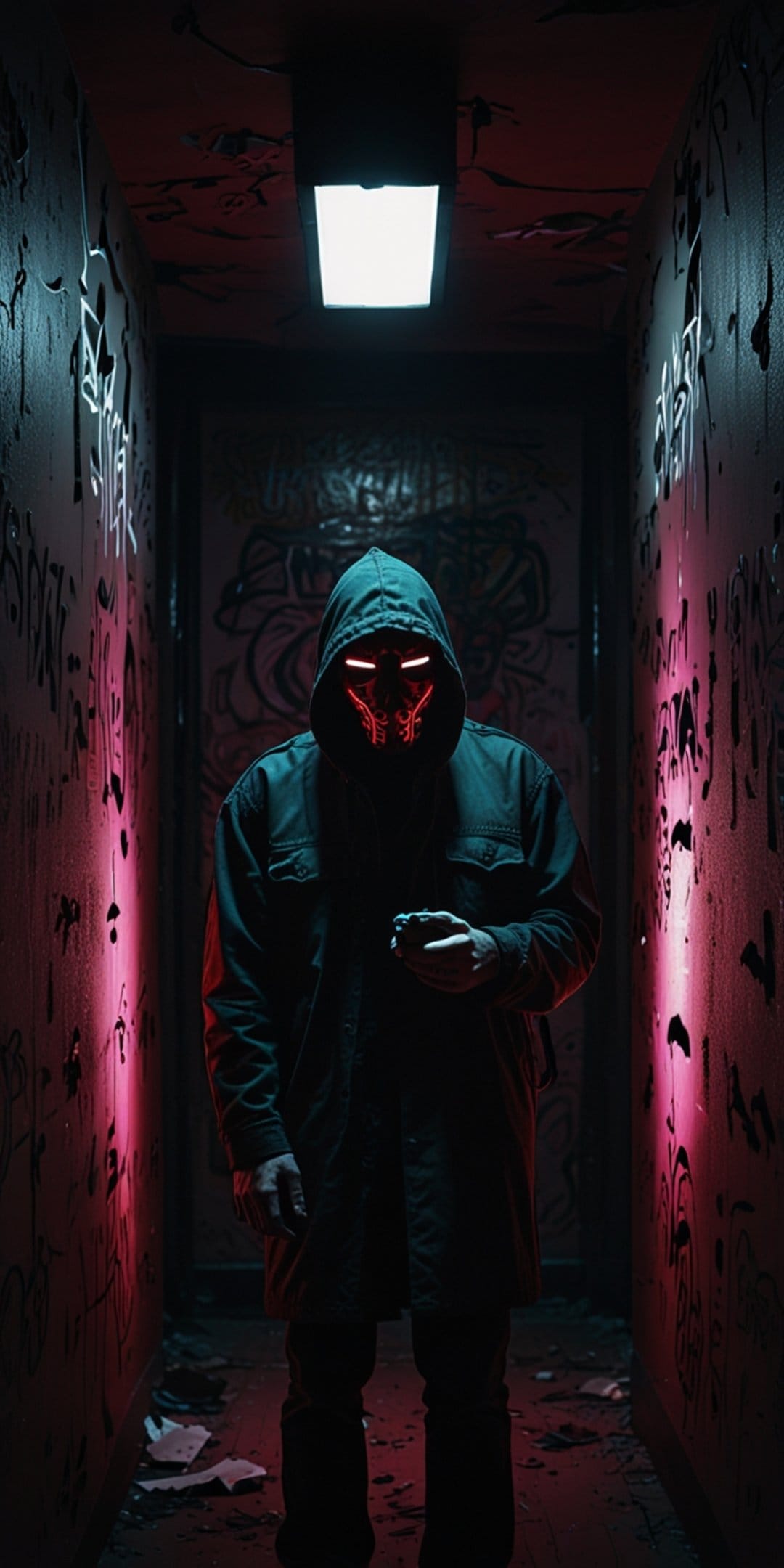 Hooded person with glowing red eyes stands in a dark alley illuminated by pink and blue neon lights and graffiti.