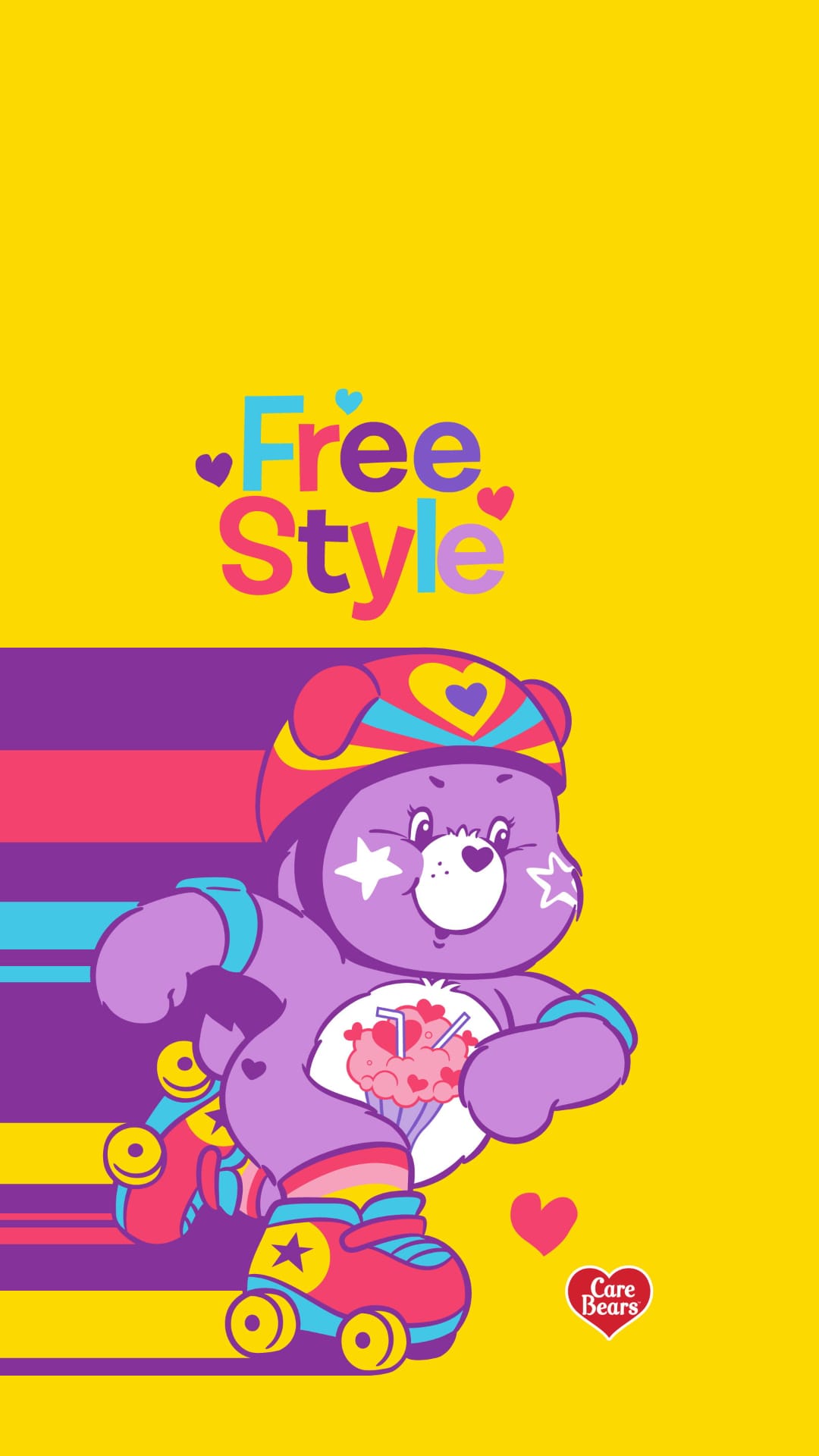 Purple bear wearing a cupcake belly badge and heart helmet glides on retro roller skates against yellow stripes.