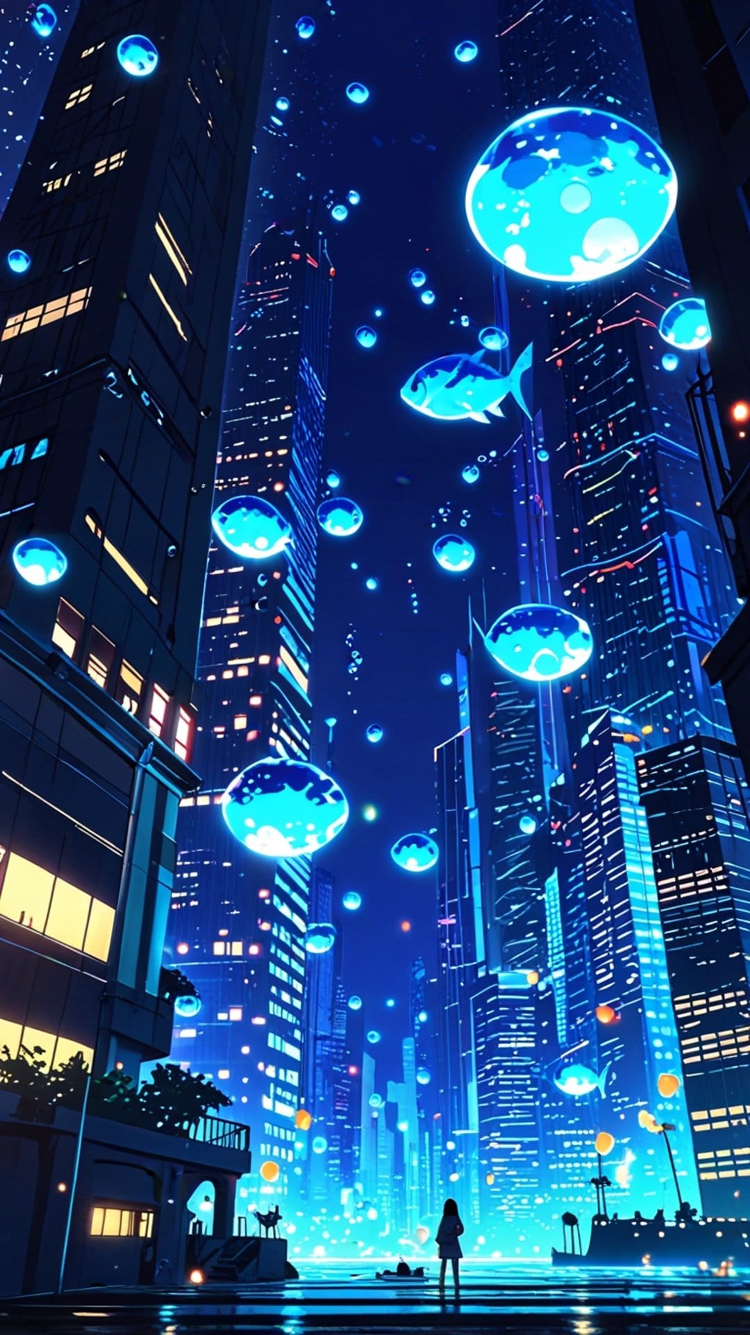 Lone figure stands on a wet street watching glowing fish and bubbles float above neon blue skyscrapers.
