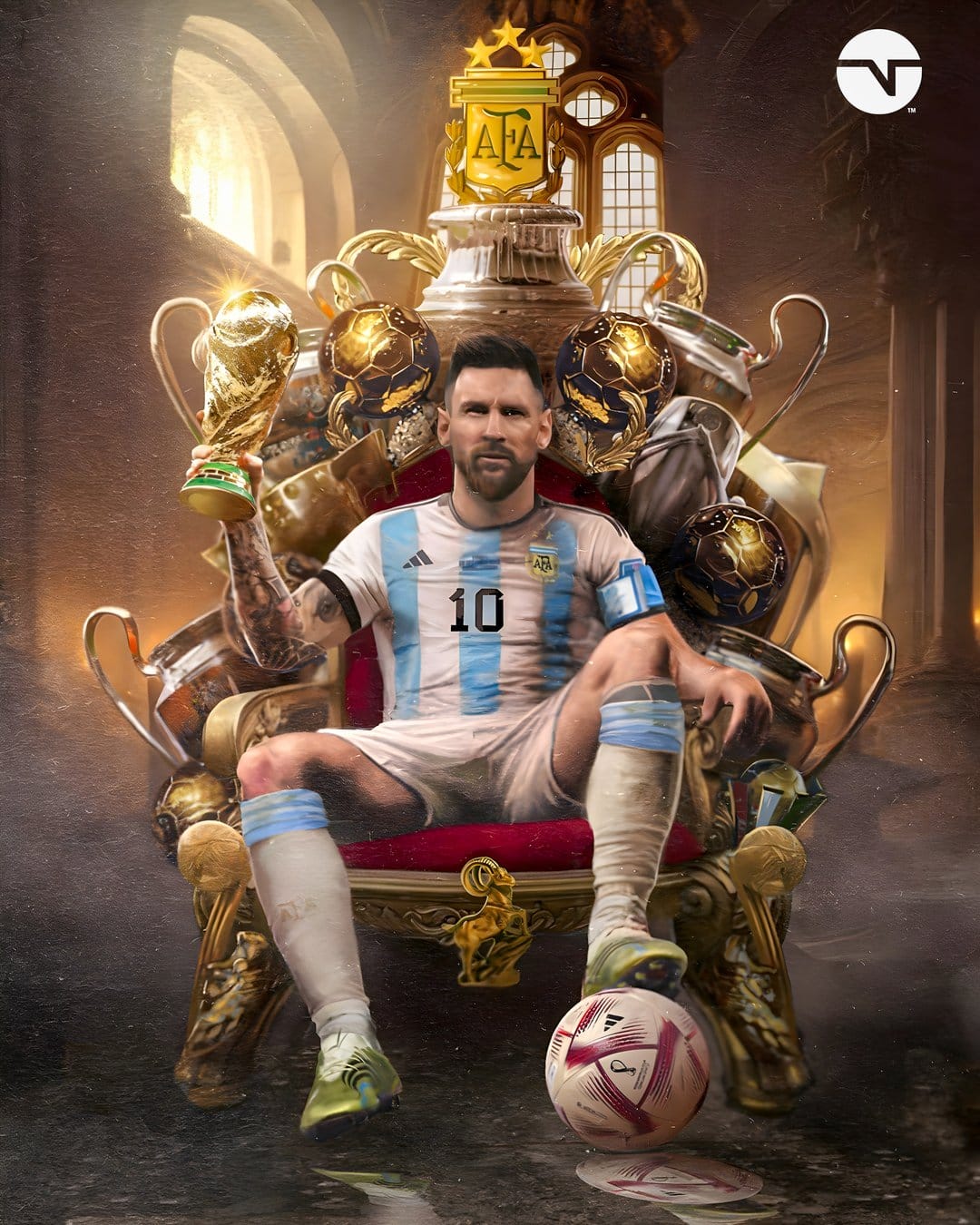 Lionel Messi sits on a golden throne holding a trophy while wearing an Argentina jersey among soccer balls.