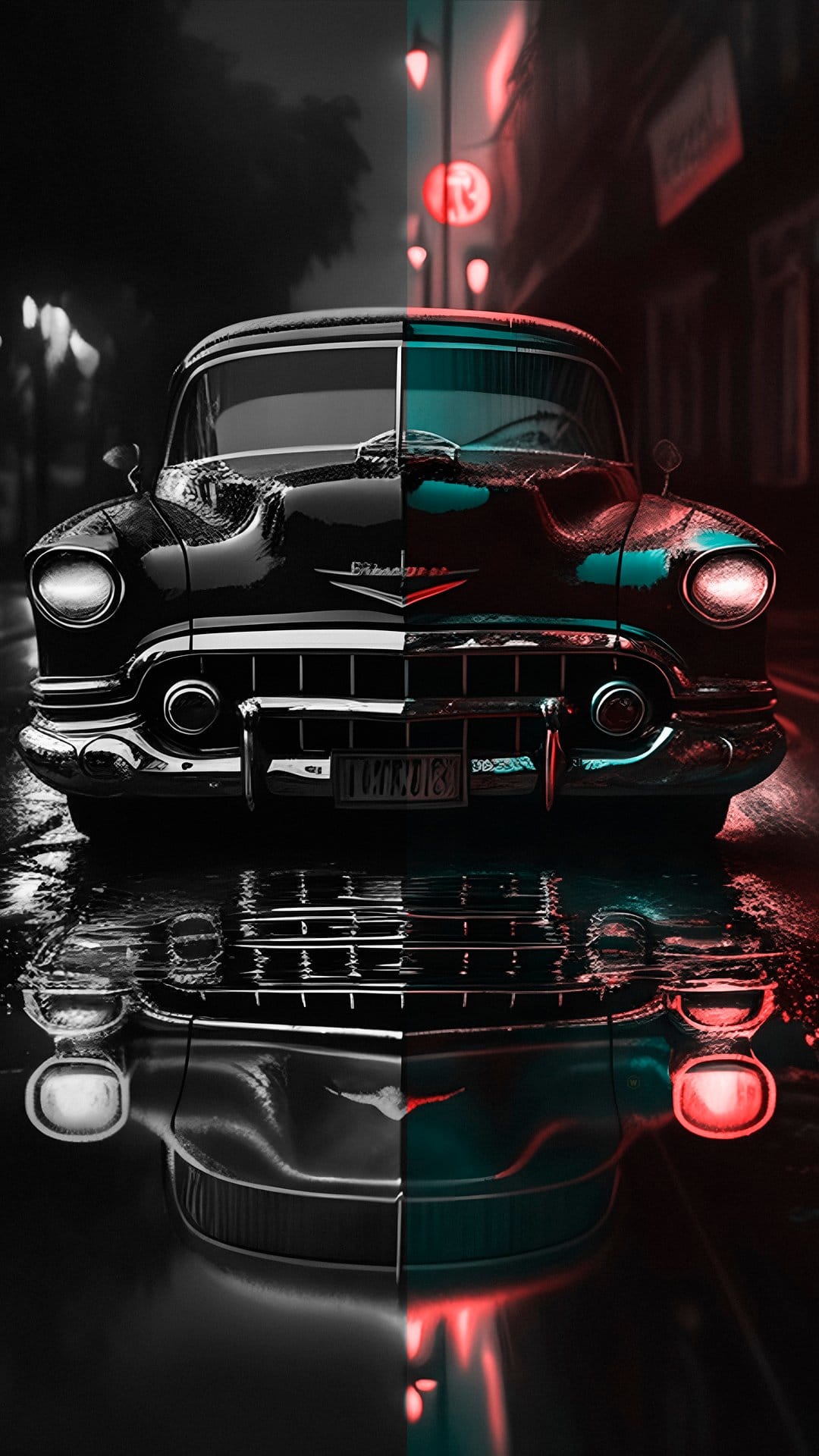 Vintage Cadillac with a split-color teal and gray finish reflects on a wet city street under night lighting.