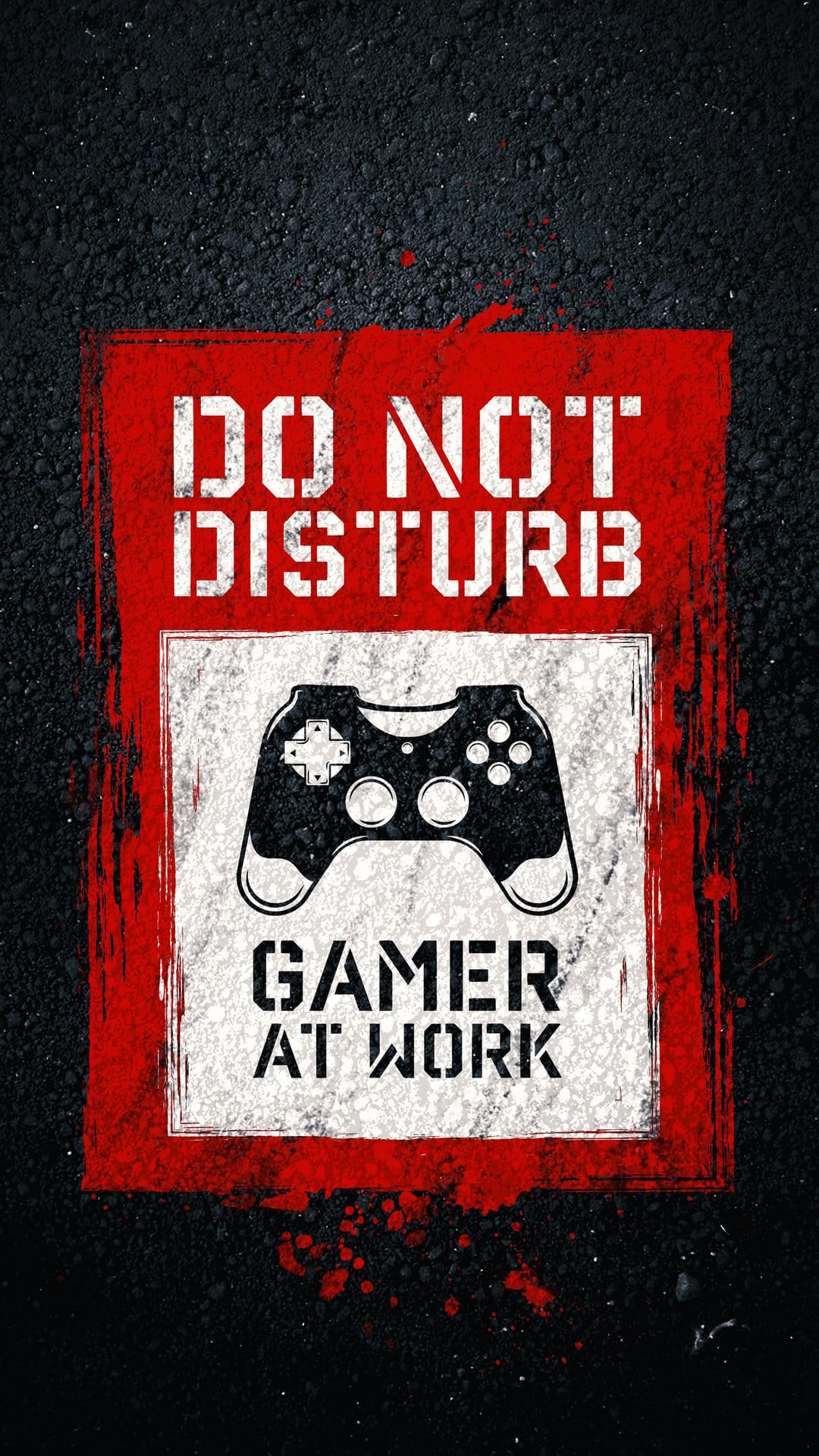 Game controller silhouette on a white distressed sign with red borders and a dark asphalt textured background.
