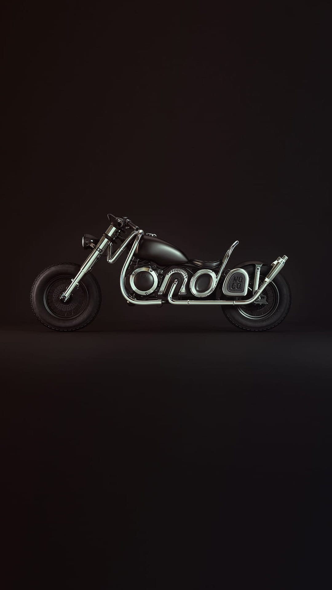 Custom motorcycle exhaust pipes shaped into the word Monday with polished chrome finish on a black bike.