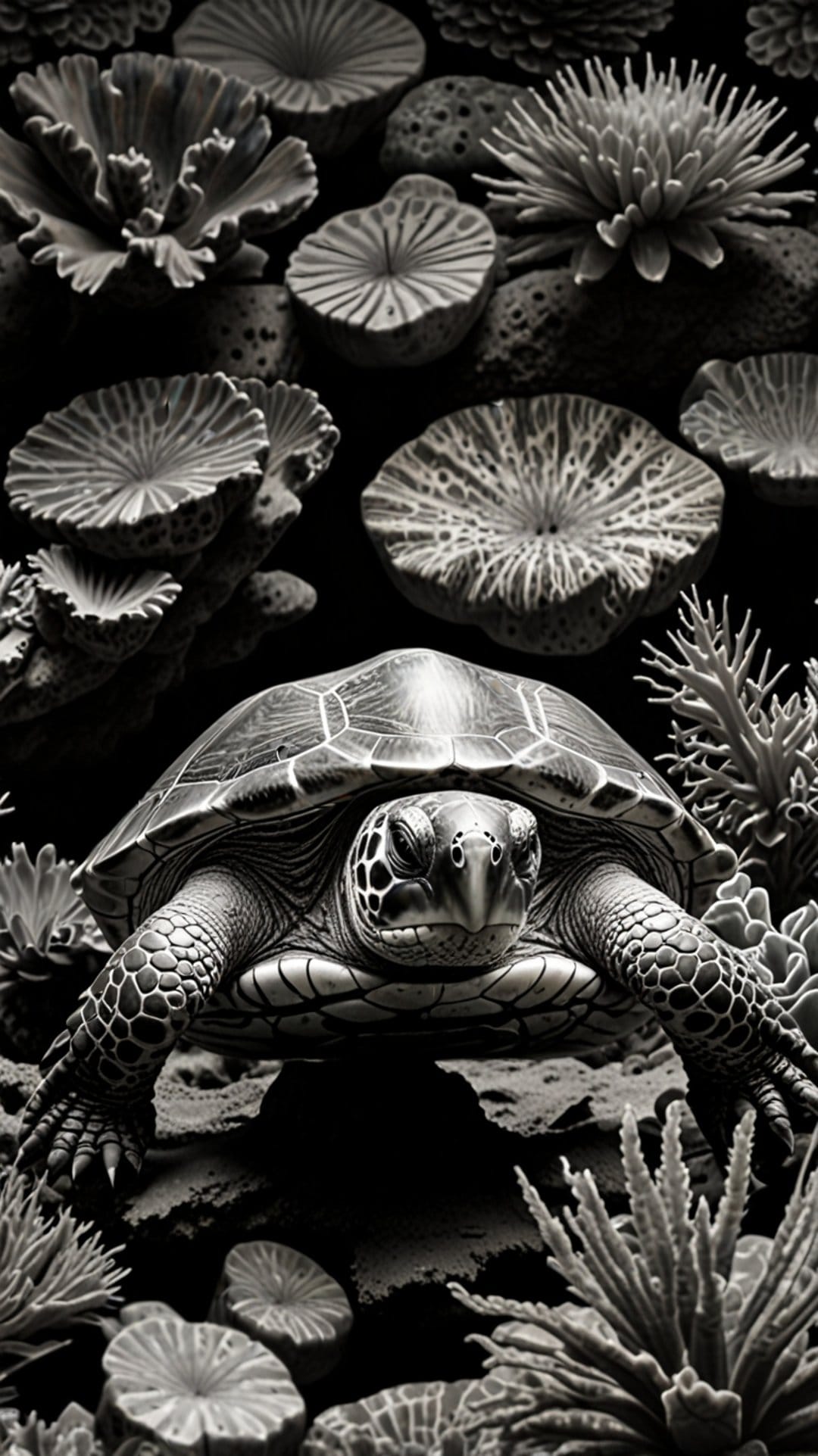 Sea turtle with detailed scaly skin rests near fan corals on a rocky seafloor in monochrome tones.
