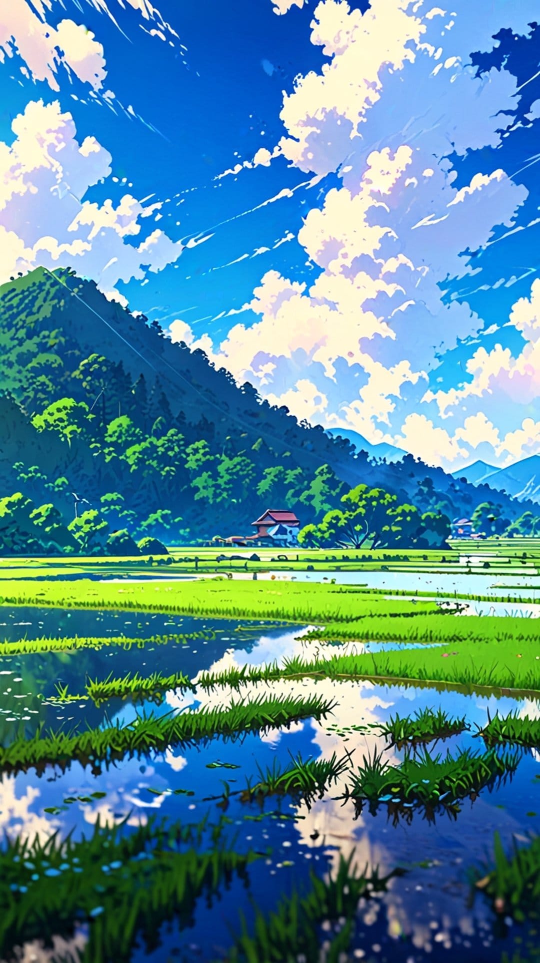 Water-filled rice terraces reflect a cloudy blue sky with forested hills and a rural home in the distance.