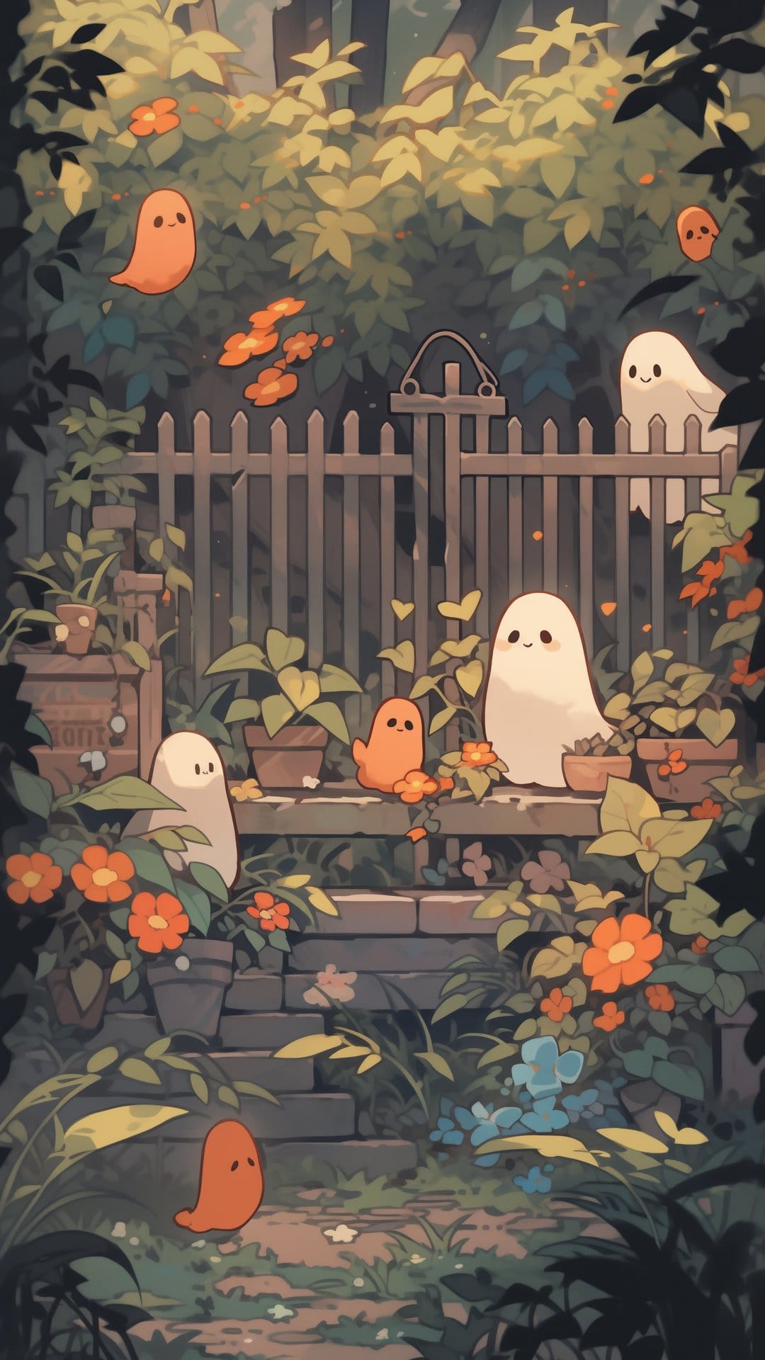 Round white and orange ghosts gather among blooming orange flowers and potted plants behind a wooden fence.