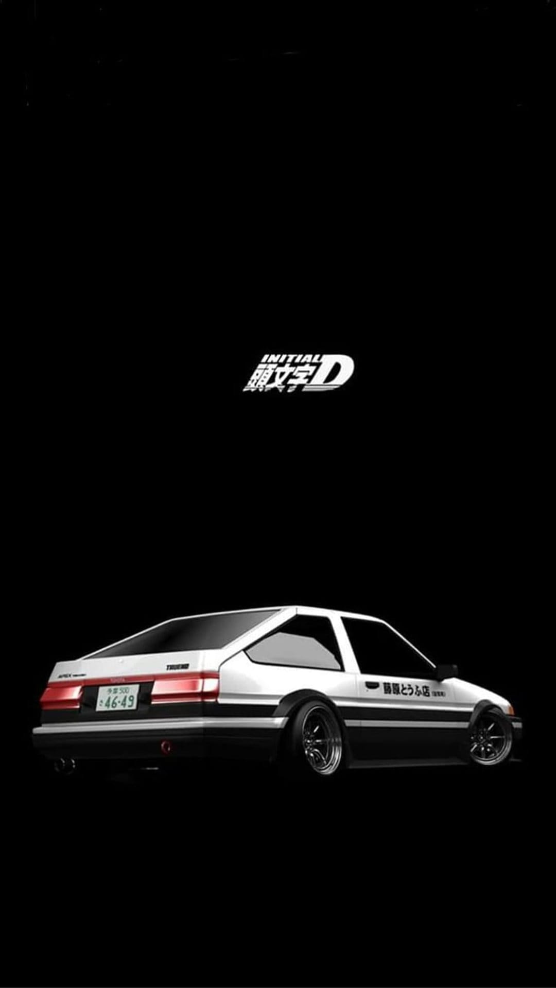 Toyota AE86 Trueno with Japanese text and Initial D logo centered on a minimalist solid black background.