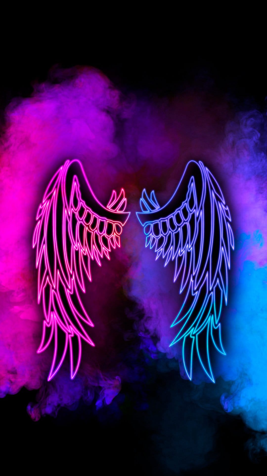 Glowing pink and blue angel wings spread wide against a dark backdrop filled with thick purple smoke plumes.